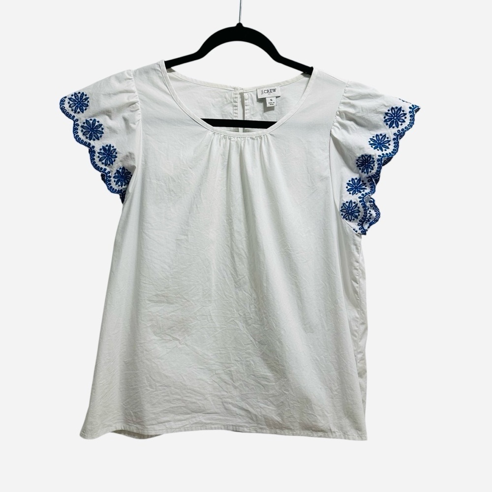 J. Crew embroidered flutter sleeve top white with blue scalloped sleeves Small - Picture 2 of 12